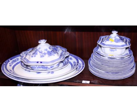 A Grimwades "Mecklinberg" pattern blue and white part dinner service, including dinner, breakfast and luncheon plates, a sauc
