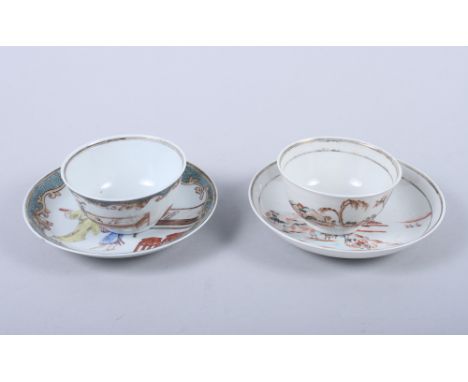 Two 18th century Chinese polychrome tea bowls and saucers, figures in interior and figures in landscapeCondition: Tea bowl wi