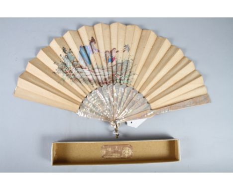 A Duvelleroy mother-of-pearl fan with hand-painted figure decorated vane, 10 3/4" long, in original box