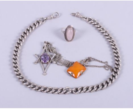 A selection of silver jewellery, including an Albert watch chain, a silver and amber pendant necklace, one other necklace and