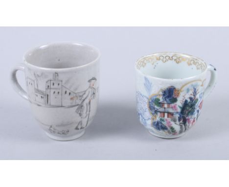 An 18th century Chinese export teacup with European figure grisaille enamel decoration (firing faults) and an 18th century Ch