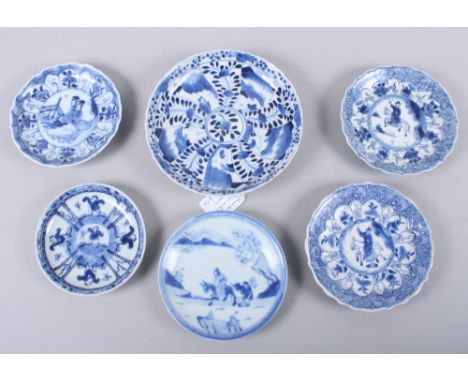 Three 19th century Chinese blue and white porcelain lobed saucers with figure decoration, 4 1/2" dia, and three other similar