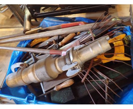 Large blue holdall with mixed tools saws clamps hammers chisels and garden tools 