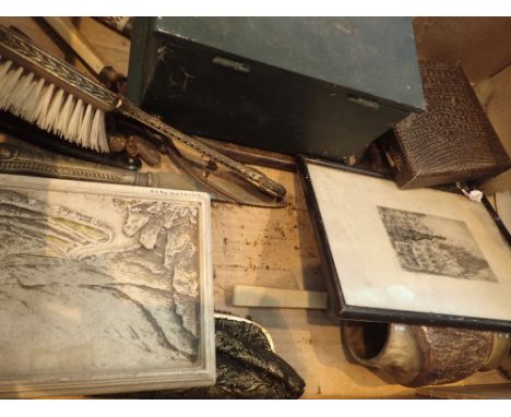 Box of mixed collectables including boxes knives brushes etc