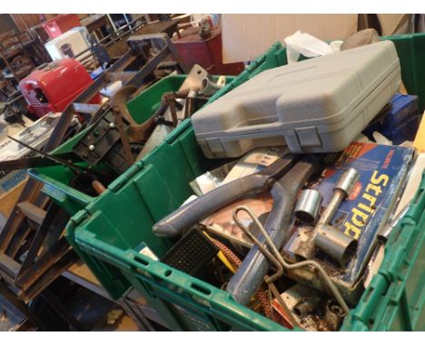 Two boxes of household tools to include small vice drill attachment and a pair of car ramps