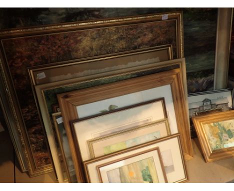 Shelf of mixed framed pictures and prints  