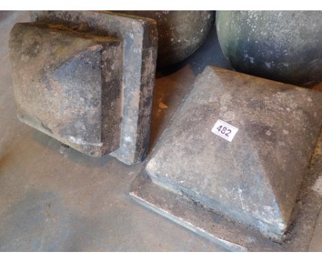 Pair of large carved sandstone square gate way finials base: 40 cm H: 30 cm 