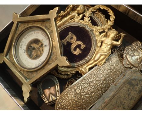 Box of assorted collectables including curtain tiebacks and brass barometer 