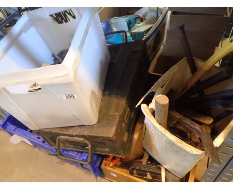 Quantity of hand tools including torches axe pulley tools and an Army storage tin