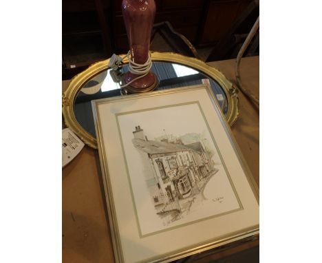 Gold framed mirror ink and watercolour print of W.E Swindlehurst Bulls Head limited edition pink ceramic and brass lamp base 