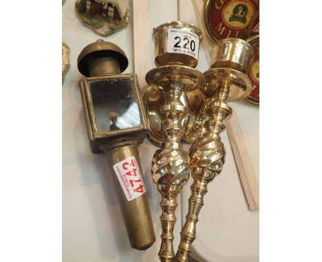 Pair of brass wall candle sconces and a coach light