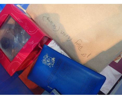 Box of mixed UK coinage first day covers etc