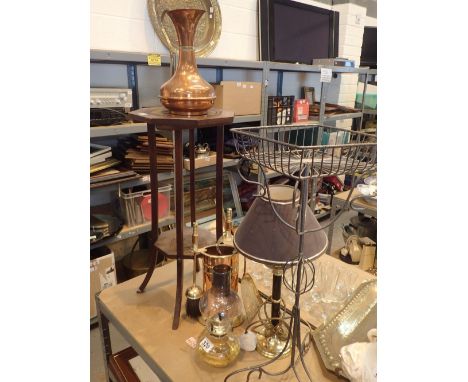 Brass copper companion set oil lamp electric lamp wooden plant stand and wire planter copper jug 