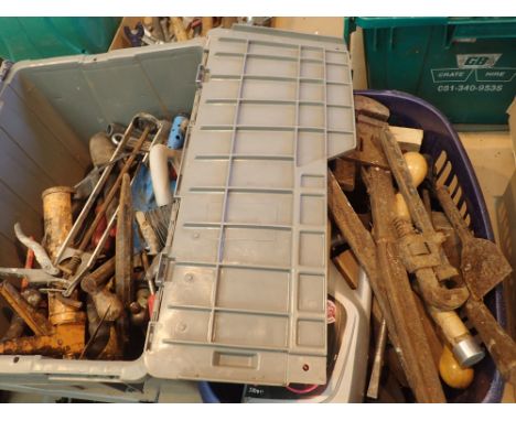 Two containers of hand tools chisels screwdrivers wrenches etc 