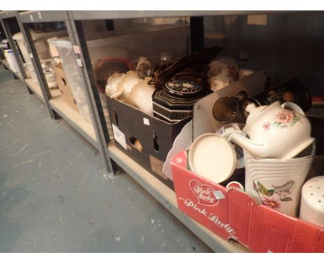 Five boxes of household ceramics to include one part tea and dinner service figurines cutlery etc 