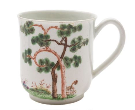 An early Worcester coffee cup: with grooved loop handle, painted  in bright colours with the 'Snake in a basket' pattern with