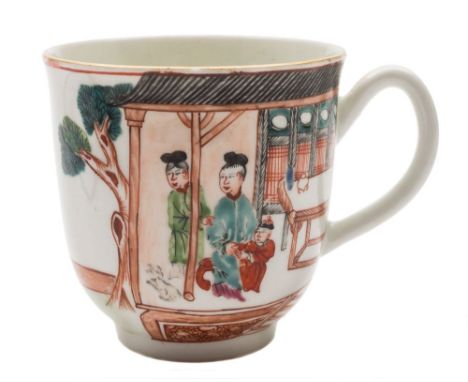 A First Period Worcester coffee cup: painted in Mandarin style with two ladies and a child on a verandah by a pine tree, two 