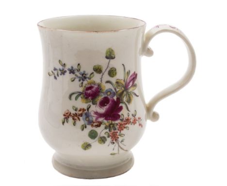 A Derby bell-shaped mug: with scroll handle painted in 'cotton stem' style with floral sprays and sprigs, the handle with puc