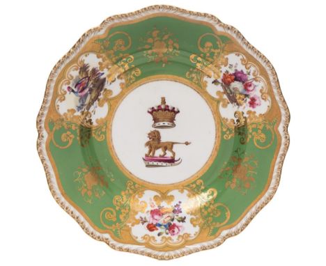 An H.& R. Daniel 'Earl of Shrewsbury' armorial plate: of silver shape with gadrooned rim, the centre finely painted with the 
