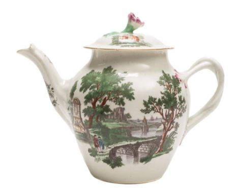A First Period Worcester teapot and cover: of baluster shape with flower finial and entwined branch handle, transfer printed 