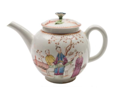 A Lowestoft teapot and cover: of globular form with flower finial, painted on both sides with three Chinese figures, one play