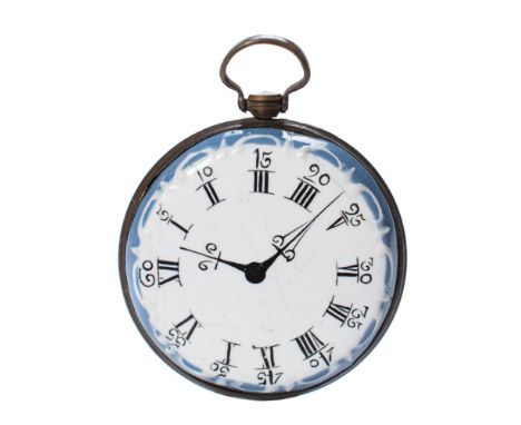 A Bilston enamel faux fob watch pendant: with black hands and chapter ring, the reverse painted with a floral spray within a 