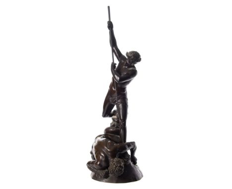 By H J Hatfield, after John Flaxman, a bronze study St Michael standing over the Devil: on an integrally cast base inscribed 