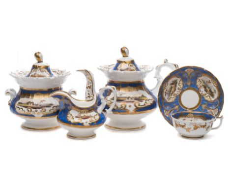 A Samuel Alcock part tea service: comprising a teapot, sucrier, milk jug, teacup and saucer, the teapot and sucrier with foli