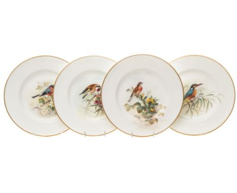 Four Royal Worcester cabinet plates painted by William Powell: each enamelled with ornithological specimens within gilt denti