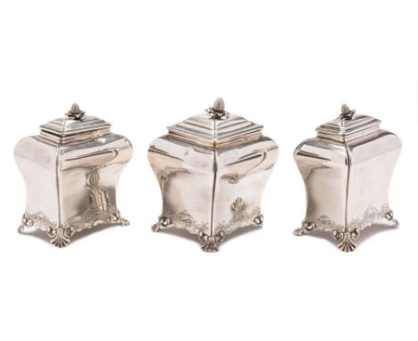 A set of three George II tea caddies, maker Pierre Gillois, London 1754/55/56: of bombe outline, each with shallow domed lift