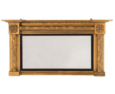An early 19th Century later gilt decorated landscape overmantel mirror:, with a projecting cornice of recessed breakfront out