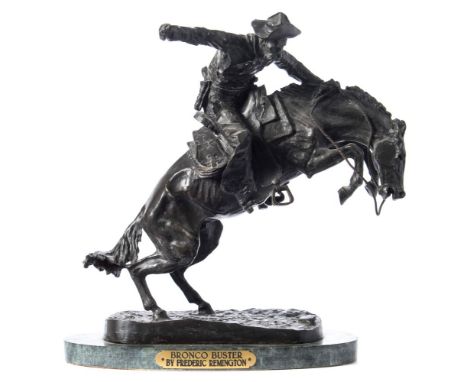 After Frederic RemingtonBronco Buster:, a patinated bronze study of a bronco rider, signed to the naturalistic base Frederic 