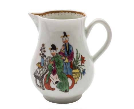 A First Period Worcester sparrow beak cream jug: of pear shape with grooved loop handle, transfer printed and enamelled with 