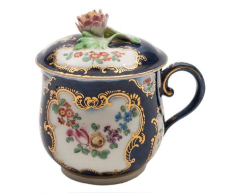 A First Period Worcester custard cup and cover: of bell shape with flower finial, possibly decorated in the workshops of Jame