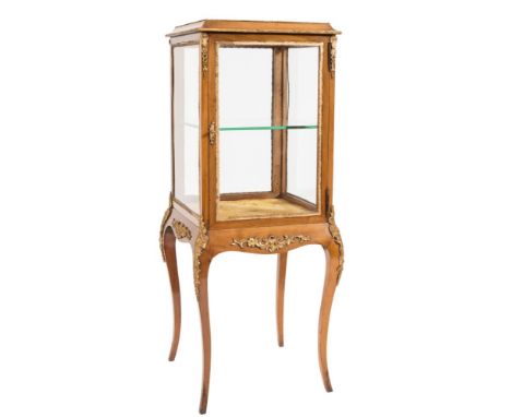 A French mahogany and gilt metal mounted square bijouterie display cabinet:, with a bevelled glass panel top, glazed panel si