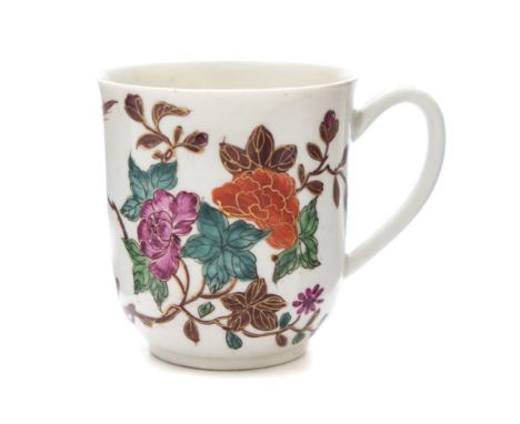 A First Period Worcester coffee cup: with grooved loop handle, painted in bright famille rose colours with a bird and insects