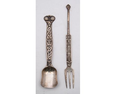 An  Iona silver spoon and fork, maker  Alexander Ritchie, bears Birmingham mark for 1933: with Celtic knot designs to the ste