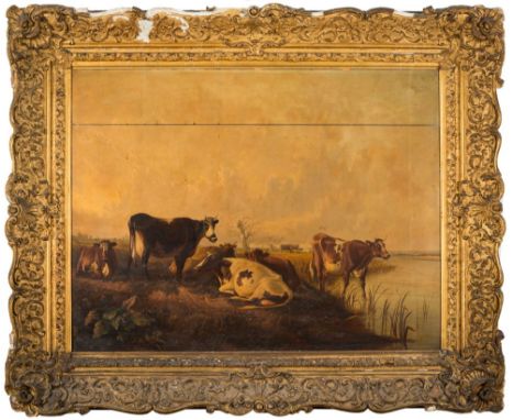 Circle of Thomas Sidney Cooper [19th century] -Cattle in water meadows; an extensive landscape-oil on panel, 64 x 95cm.,conta