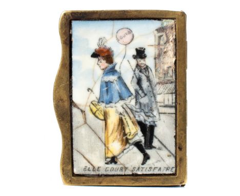 A late 19th century French erotic gilt metal and enamel vesta case: the outer lid with enamel panel of a street scene, with a