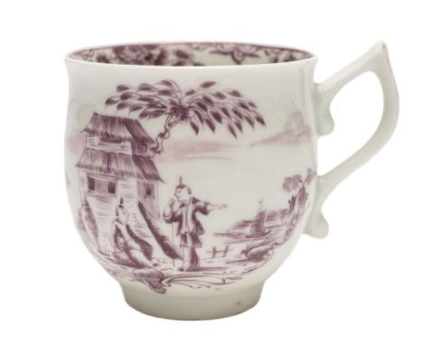 A First Period Worcester coffee cup: of bell shape with wishbone handle, painted in puce monochrome with two Chinese figures 