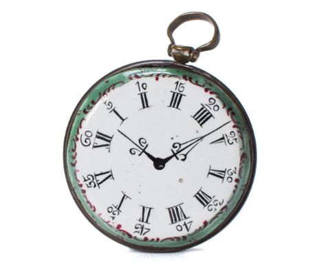 A Bilston enamel faux fob watch pendant: the 'dial' with black hands and chapter ring, the reverse painted with a floral spra