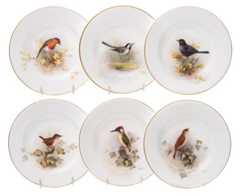 Six Royal Worcester porcelain small cabinet plates painted by William Powell: each enamelled with ornithological specimens wi