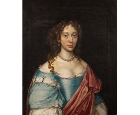 Manner of Sir Peter Lely, 17th Century- A portrait of Mary Dodding, circa 1677, bust-length, wearing a  powder blue dress and