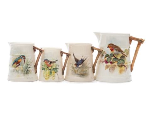 Four graduated Royal Worcester jugs painted by William Powell: of tapering barrel shaped form with rustic handle each enamell