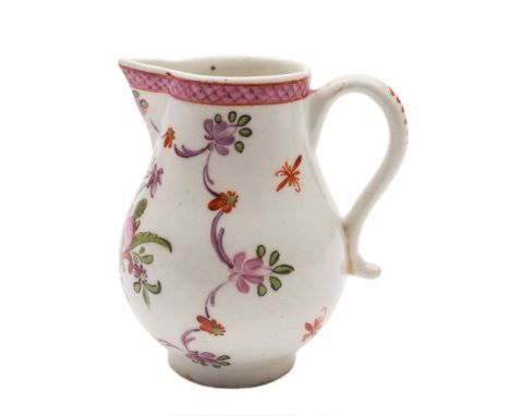 A Lowestoft sparrow beak jug: painted in 'Curtis' style with a ribbon tied bouquet within a floral cartouche below a pink sca