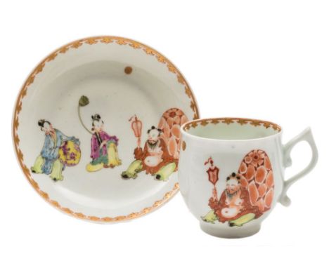 A First Period Worcester 'Pu Tai' pattern coffee cup and saucer: the cup of bell shape with wishbone handle, painted in famil