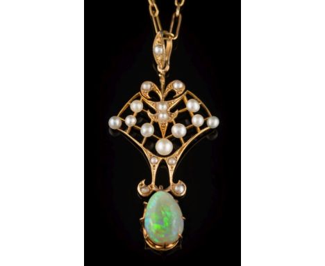 A gold, opal and seed-pearl pendant: of openwork trellis design suspending a single pear-shaped opal drop on chain.