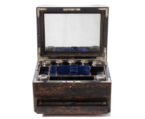 A Victorian coromandel and brass bound vanity box: of rectangular outline, the hinged lid enclosing fitted compartments with 