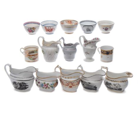 A collection of New Hall and Factory Z wares: comprising eight helmet-shaped cream/milk jugs with floral painted or bat print