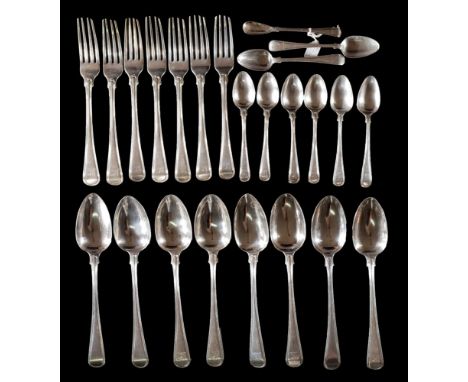 A set of George III Old English thread pattern part flatware service, maker Peter & William Bateman, London, 1810: bears cres
